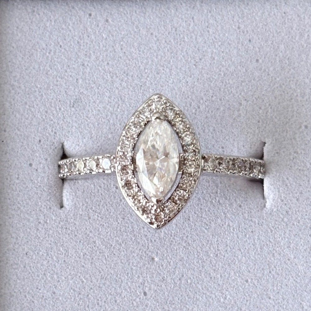 0.5 CT Moissanite Marquise Cut Ring Silver Tone Halo Pave Band
